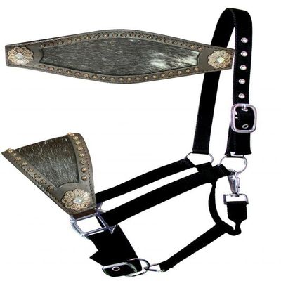 Showman Nylon Bronc Halter w/Hair-On Cowhide Leather Noseband