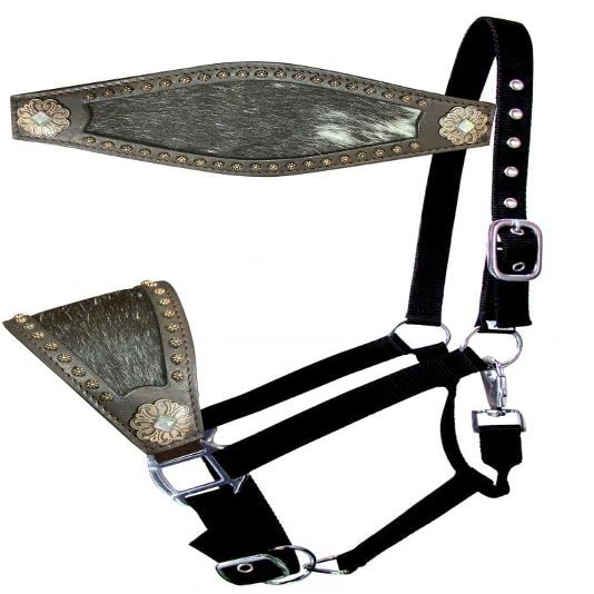 Showman Nylon Bronc Halter w/Hair-On Cowhide Leather Noseband