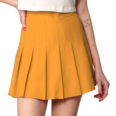MBJ WB2344 Women Girls Plaid High Waist Japan School Uniform Pleated Skater Tennis Skirt with Short XL Mustard