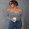 BENIN Striped Print Off Shoulder Tee Long Sleeve Regular Sleeve Women's Comfort T-Shirt Black and White view 1