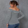 BENIN Striped Print Off Shoulder Tee Long Sleeve Regular Sleeve Women's Comfort T-Shirt Black and White view 2