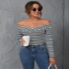 BENIN Striped Print Off Shoulder Tee Long Sleeve Regular Sleeve Women's Comfort T-Shirt Black and White view 3