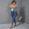 BENIN Striped Print Off Shoulder Tee Long Sleeve Regular Sleeve Women's Comfort T-Shirt Black and White view 4