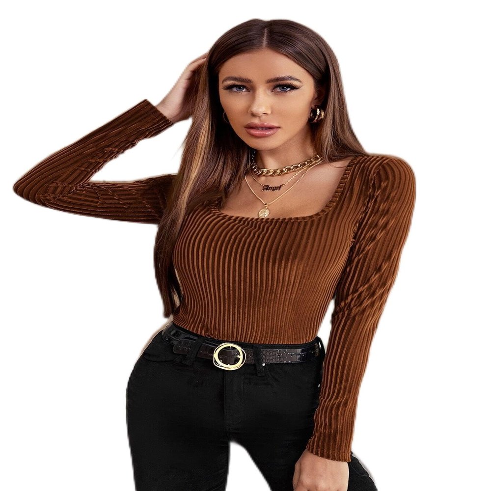 BENIN Ribbed Form-Fitting Velvet Top Long Sleeve Rib-Knit Regular Sleeve Women's Comfort T-Shirt