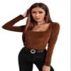 BENIN Ribbed Form-Fitting Velvet Top Long Sleeve Rib-Knit Regular Sleeve Women's Comfort T-Shirt view 1
