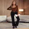 BENIN Ribbed Form-Fitting Velvet Top Long Sleeve Rib-Knit Regular Sleeve Women's Comfort T-Shirt view 3
