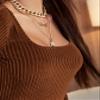 BENIN Ribbed Form-Fitting Velvet Top Long Sleeve Rib-Knit Regular Sleeve Women's Comfort T-Shirt view 4