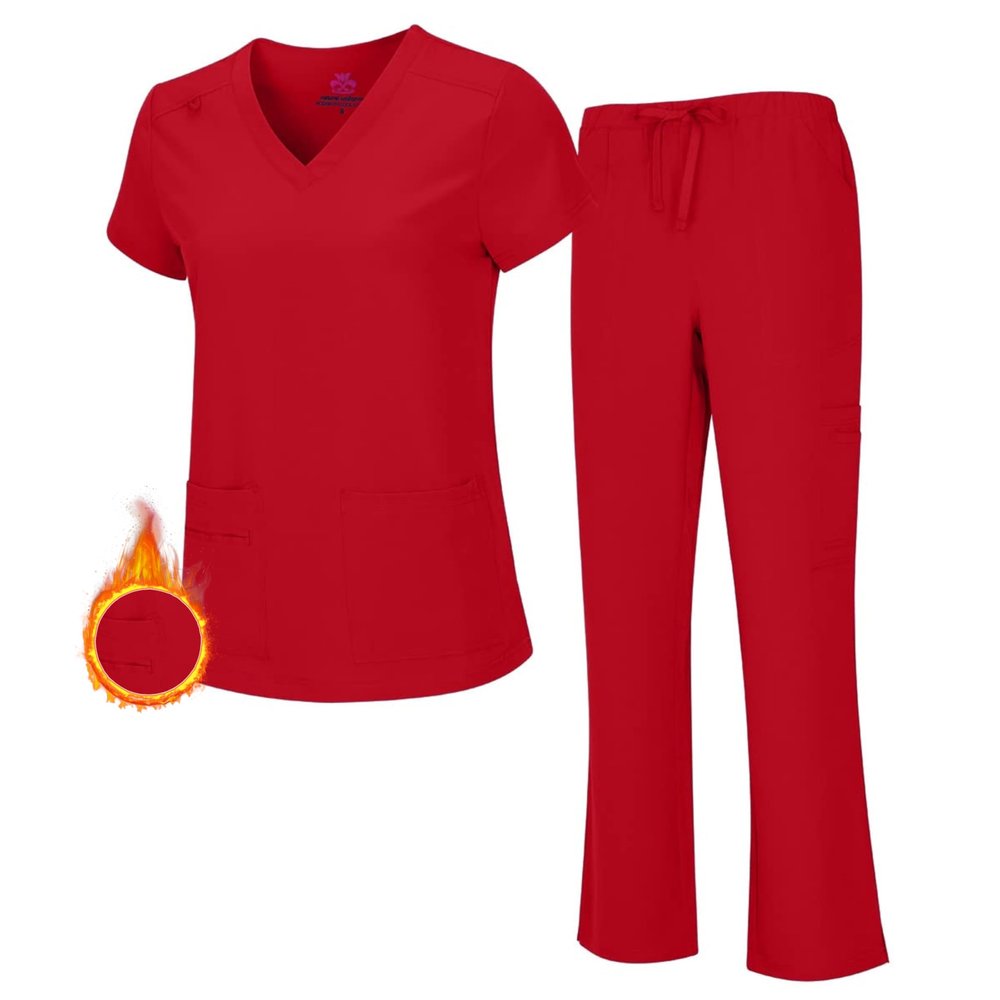 M&M SCRUBS Women's Stretch Scrub Set - Cool V-Neck Top & Cargo Pant, Breathable Moisture Wicking Medical Uniform (Red, XX-Large)