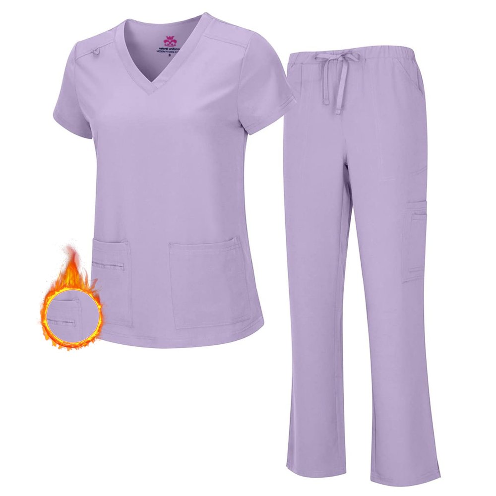 M&M SCRUBS Women's Stretch Scrub Set - Cool V-Neck Top & Cargo Pant, Breathable Moisture Wicking Medical Uniform (Lavender, X-Large)