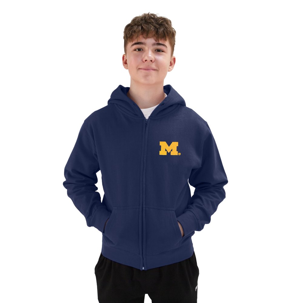 Little King NCAA Youth Boys Teen Full Zip Cotton Fleece Hoodie Sweatshirt With Embroidered Team Logo-Michigan-Navy-Youth Medium