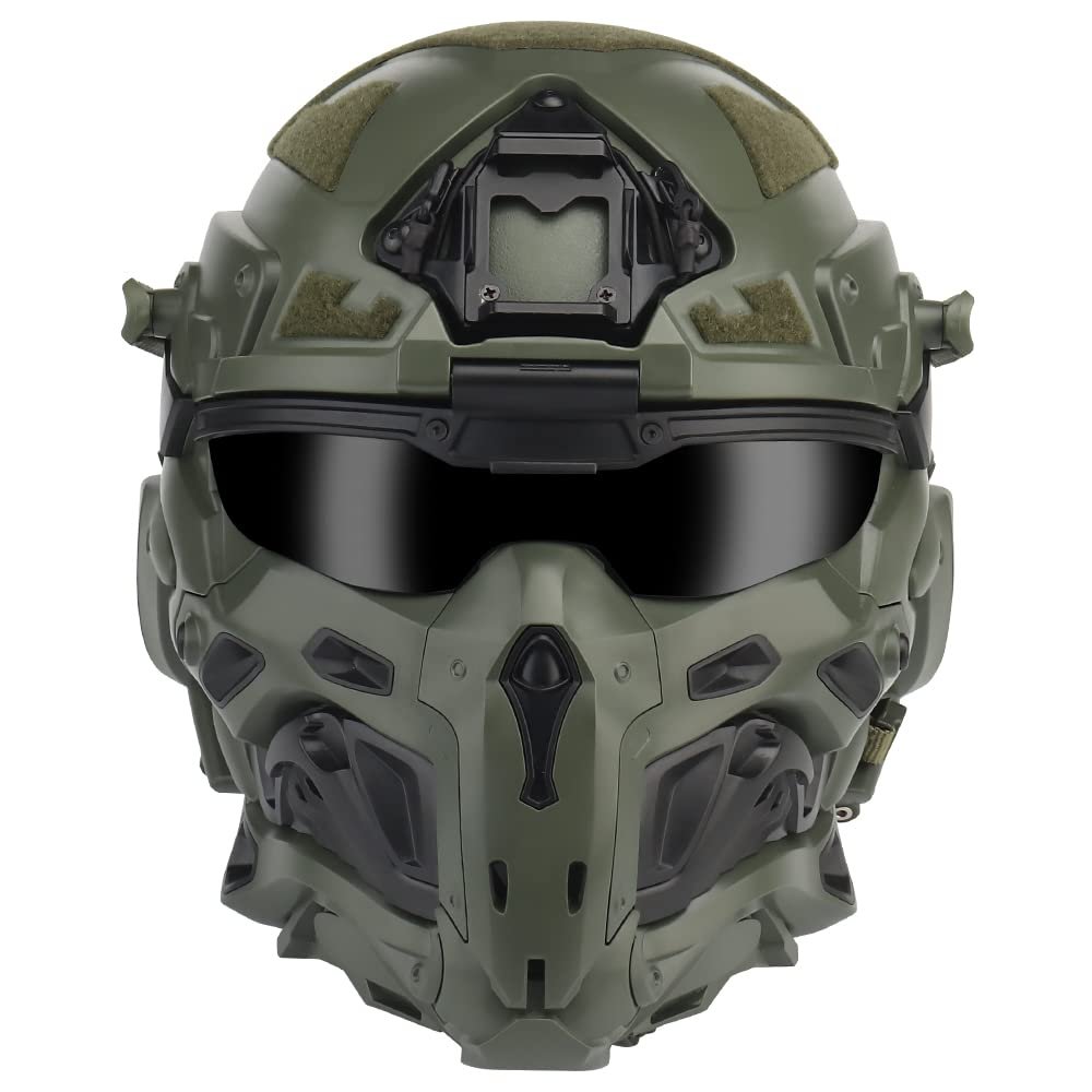 Airsoft Full Face Mask Tactical Helmet, with Built-in Tactical Headset/Anti-Fog Fan Sliding Goggles for CS Paintball, Hunting, Outdoor Sports