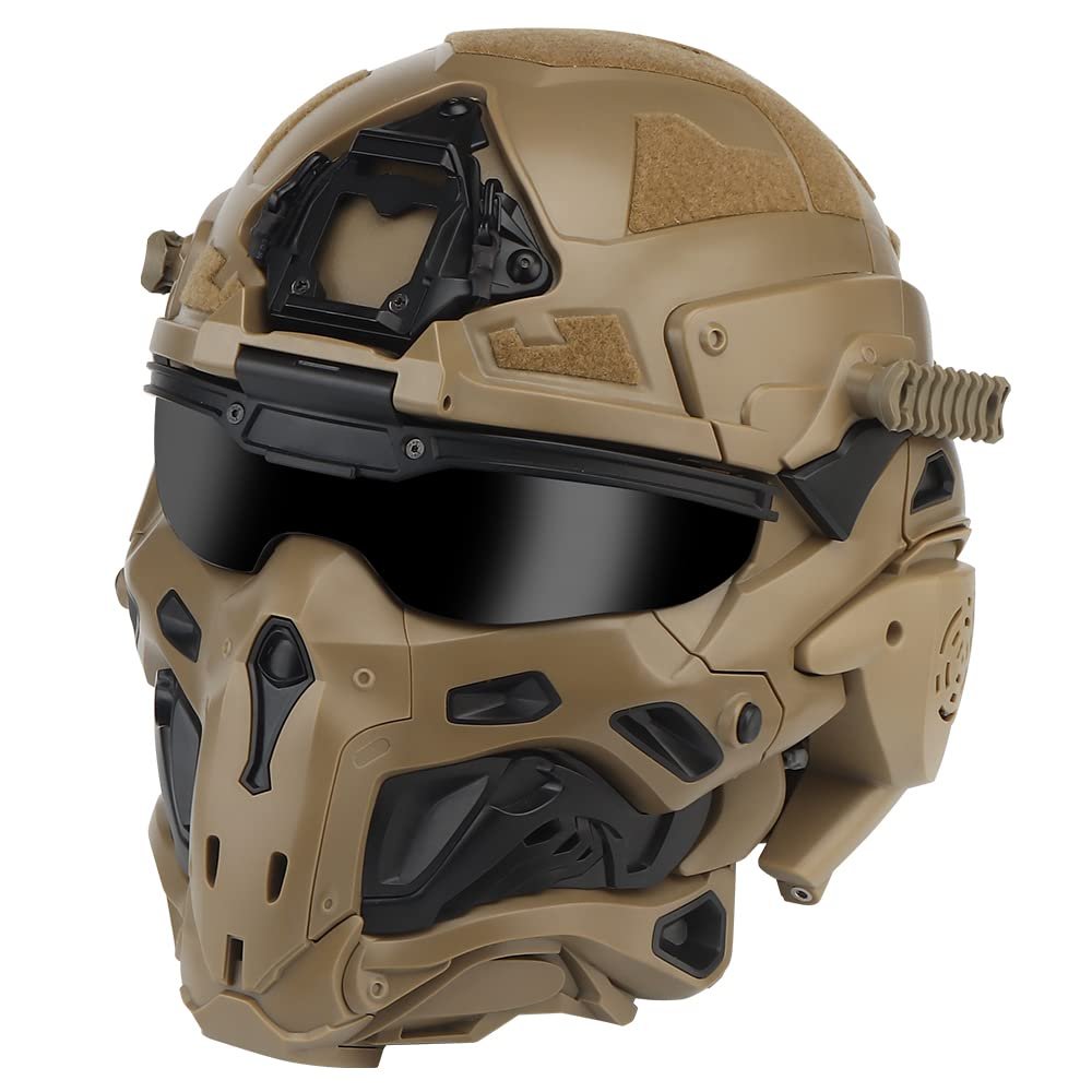 Airsoft Full Face Mask Tactical Helmet, with Built-in Tactical Headset/Anti-Fog Fan Sliding Goggles for CS Paintball, Hunting, Outdoor Sports