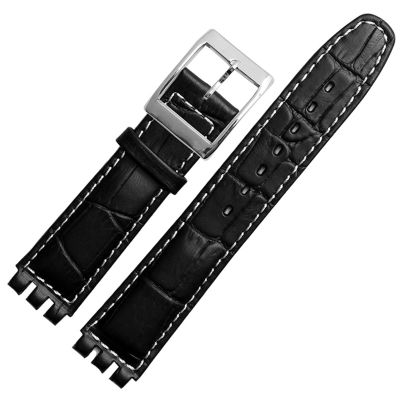 SKM 17mm 19mm Genuine Calf Leather Wrist Strap for Swatch Watch Band Men Women Alligator Pattern Bracelet Watchband Accessories (Color : Black White line, Size : 17mm)