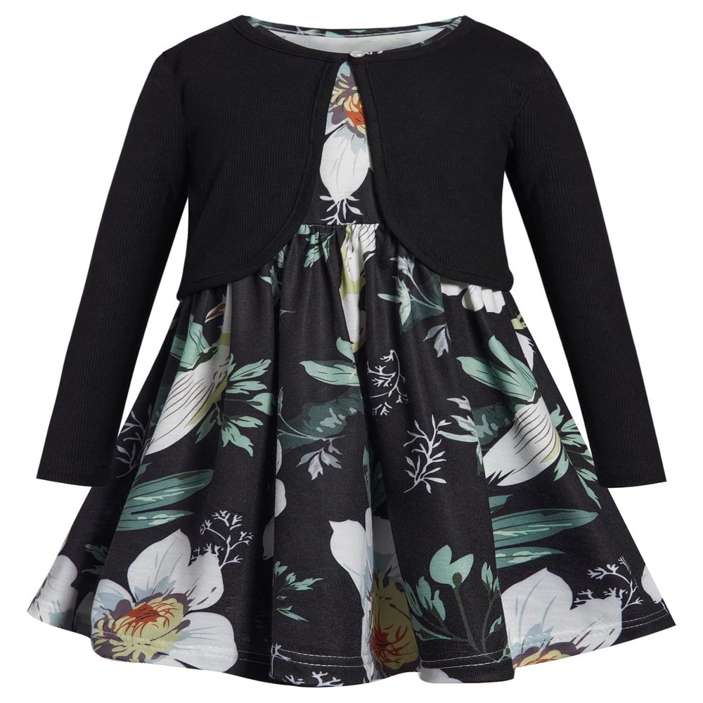 Bonny Billy Girls' Clothing Sets Flower Dress and Solid Cardigan 2 PCS Outfits 8-9t Black-1
