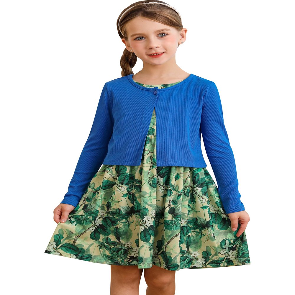 Bonny Billy Girls' Clothing Sets Flower Dress and Solid Cardigan 2 PCS Outfits 10-11t Blue-2
