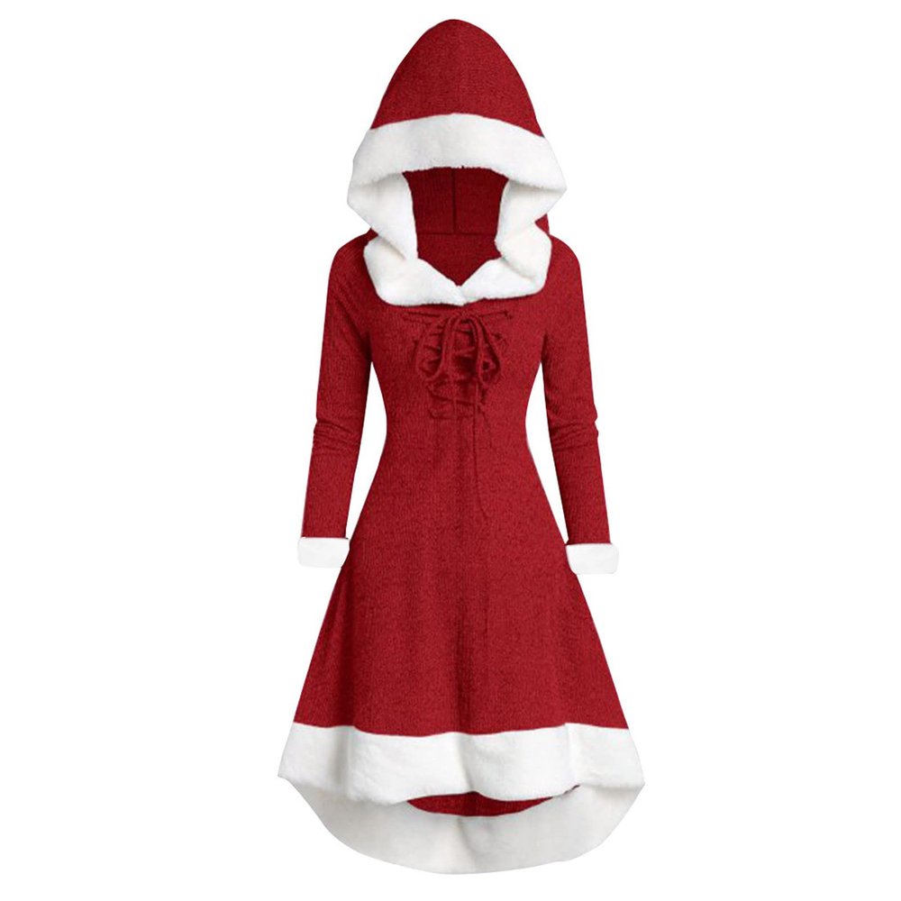 Christmas Hooded Dress for Women Winter Vintage Long Sleeve Velvet Dresses Lace Up Patchwork Party Cloak Dress Red