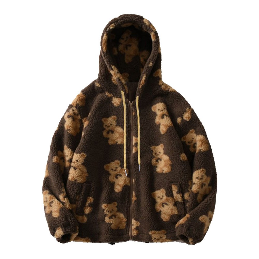 tuduoms Women Fashion Sherpa Zipper Hooded Sweatshirt Bear Graphic Fluzzy Faux Fur Hoodies Fall Winter Clothes for Teen Girls