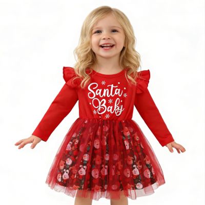 AGQT Toddler Girls Christmas Dresses Cotton Long Sleeve Santa Print Xmas Outfit Princess Tulle Tutu Dress Red Size 2-3T
