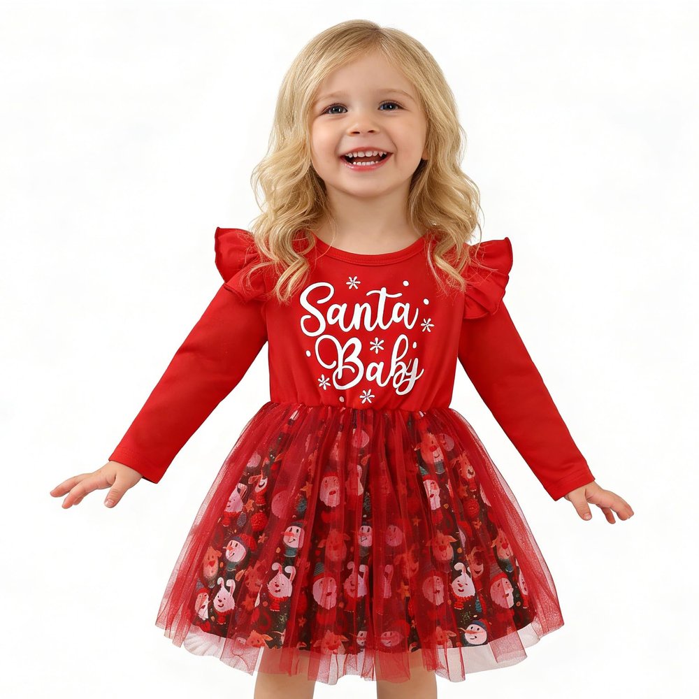 AGQT Toddler Girls Christmas Dresses Cotton Long Sleeve Santa Print Xmas Outfit Princess Tulle Tutu Dress Red Size 2-3T