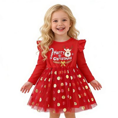 AGQT Baby Girls Christmas Dresses Long Sleeve A-line Xmas Outfit Merry Christmas Princess Tulle Tutu Dress Red Polka Dot Size 18-24 Months