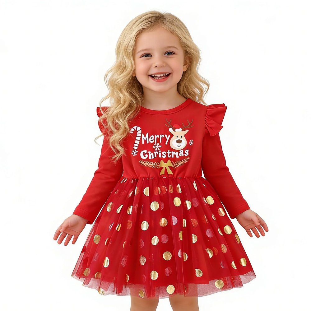 AGQT Baby Girls Christmas Dresses Long Sleeve A-line Xmas Outfit Merry Christmas Princess Tulle Tutu Dress Red Polka Dot Size 18-24 Months