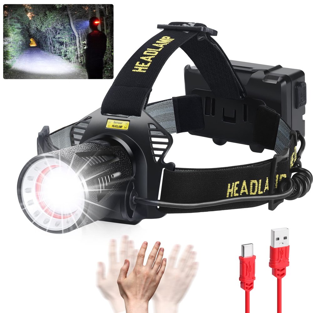 Aikertec Headlamp Rechargeable, Super Bright Headlamp for Adults, 7 Modes, Zoomable, IP68 Waterproof Head Flashlight for Camping Hunting Fishing (Batteries Included)