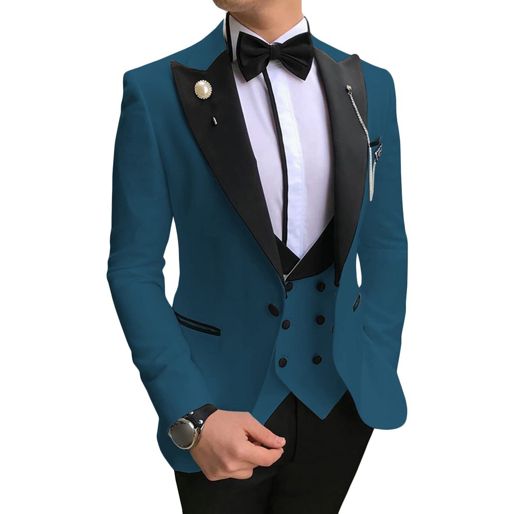 Men's Slimming 3 Piece Suit Casual 1 Button Lapel Business Blazer Set Dinner Wedding Groomsmen Jacket Vest & Pant (Blue2,X-Small)