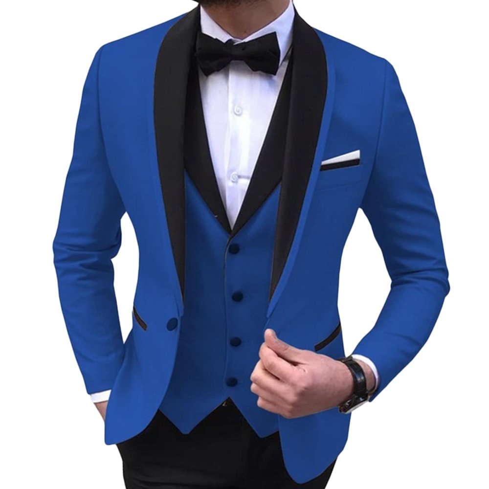 Mens 3 Piece Blazer Sets Stylish 1 Button Shawl Lapel Business Jacket Suits Slimming Wedding Prom Groomsmen Suits (Blue2,X-Small)
