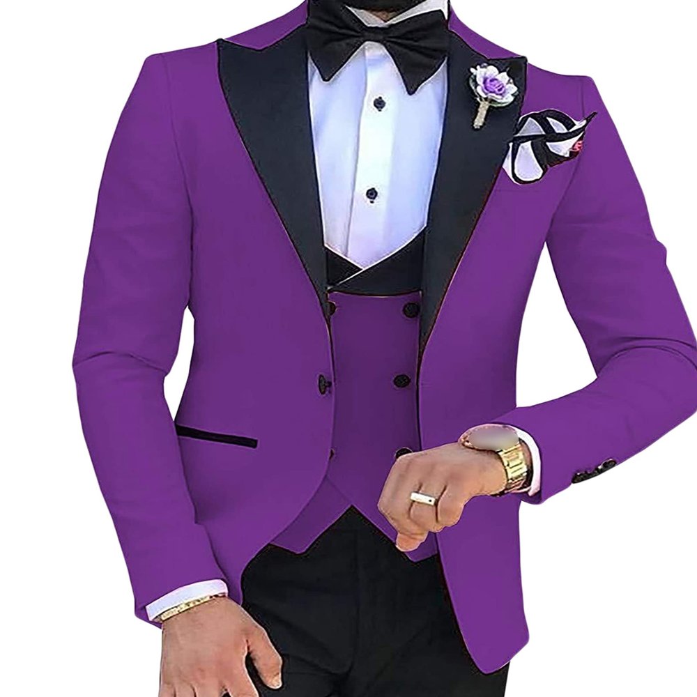 JEsilunmaMY Men's Slimming 3 Piece Suit Casual 1 Button Lapel Business Blazer Set Dinner Wedding Groomsmen Jacket Vest & Pant (Purple1,Small)