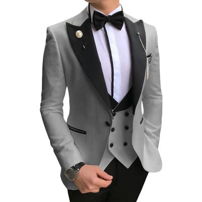 Men's Slimming 3 Piece Suit Casual 1 Button Lapel Business Blazer Set Dinner Wedding Groomsmen Jacket Vest & Pant (Light Grey,XX-Large)