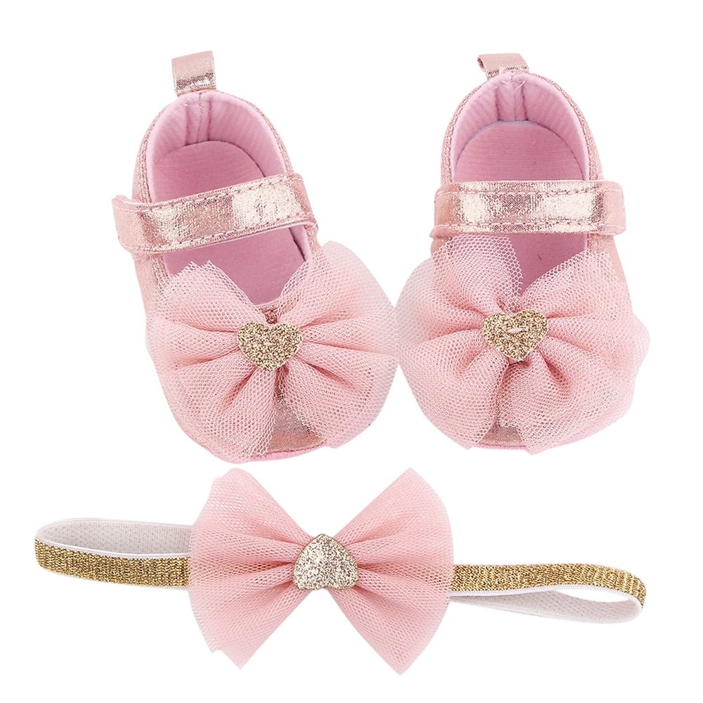 12 Month Shoes Baby Bowknot Soft Prewalker Princess Girls Shoes Headband Infant Dressy Shoes for Toddler Boys Pink