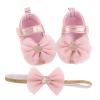 12 Month Shoes Baby Bowknot Soft Prewalker Princess Girls Shoes Headband Infant Dressy Shoes for Toddler Boys Pink view 1