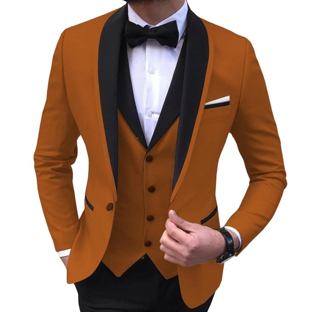 Mens Slim Fit Business Suits Casual 1 Button Shawl Collar 3 Piece Blazer Sets Wedding Prom Jacket Vest & Pants (Brown,4X-Large)