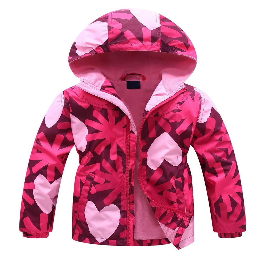 JiaYou Girls Jacket with Hood Lightweight Full-Zip Coat Soft Warm Fleece Outdoor Windbreaker(Heart,3-4 Years)