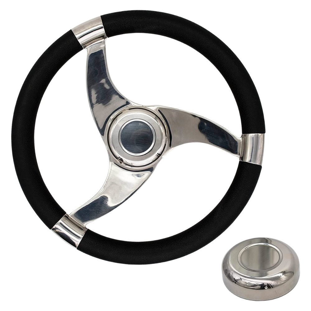 MARINE CITY Polished 316 Grade Stainless Steel Sports Style Tri-Spoke Design Steering Wheel with Center Cap/PU Foam 13-1/2 Inches Diameter  3/4 Inches Tapered Shaft for Marines  Boats (Pack of 1)