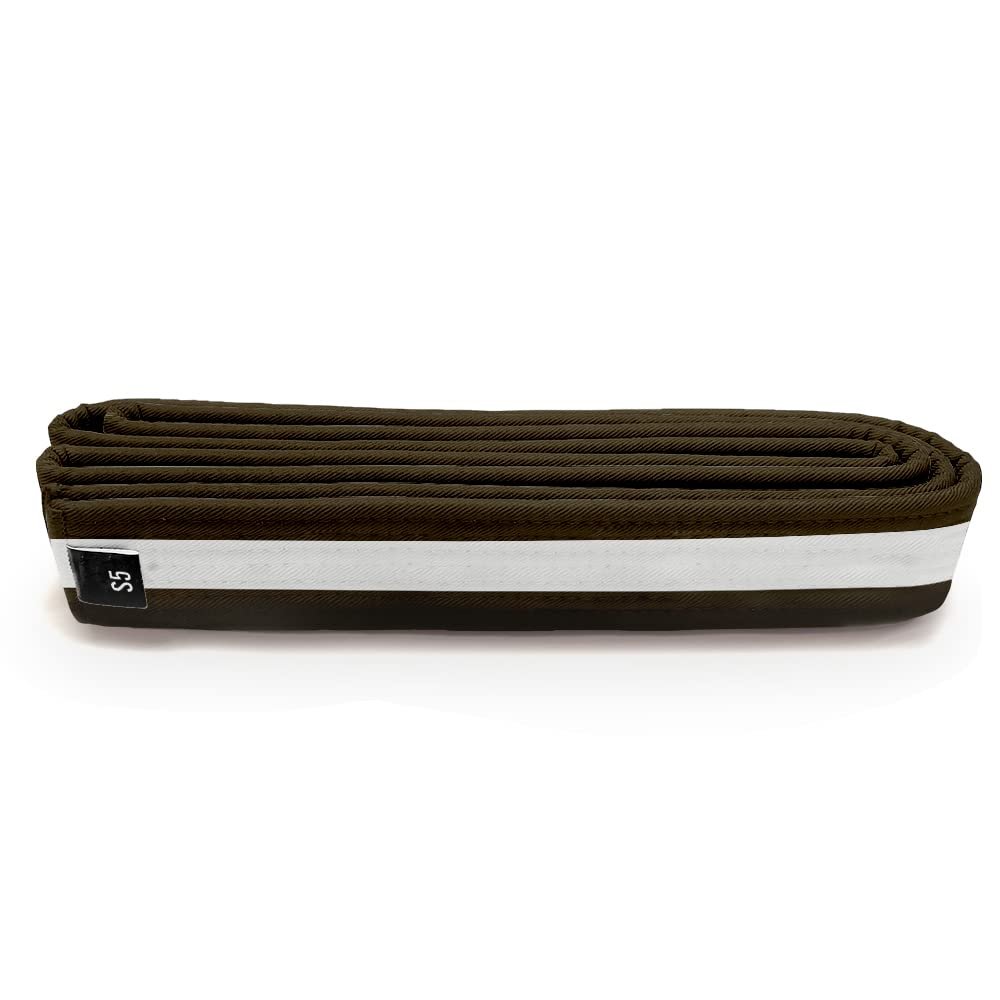 Martial Arts Polyester Belt; Choose Color with White Stripe, 1.5" Width, 8 Rows of Stitching for Karate, Taekwondo, Judo, MMA (Brown, Single Wrap 5 - 76")