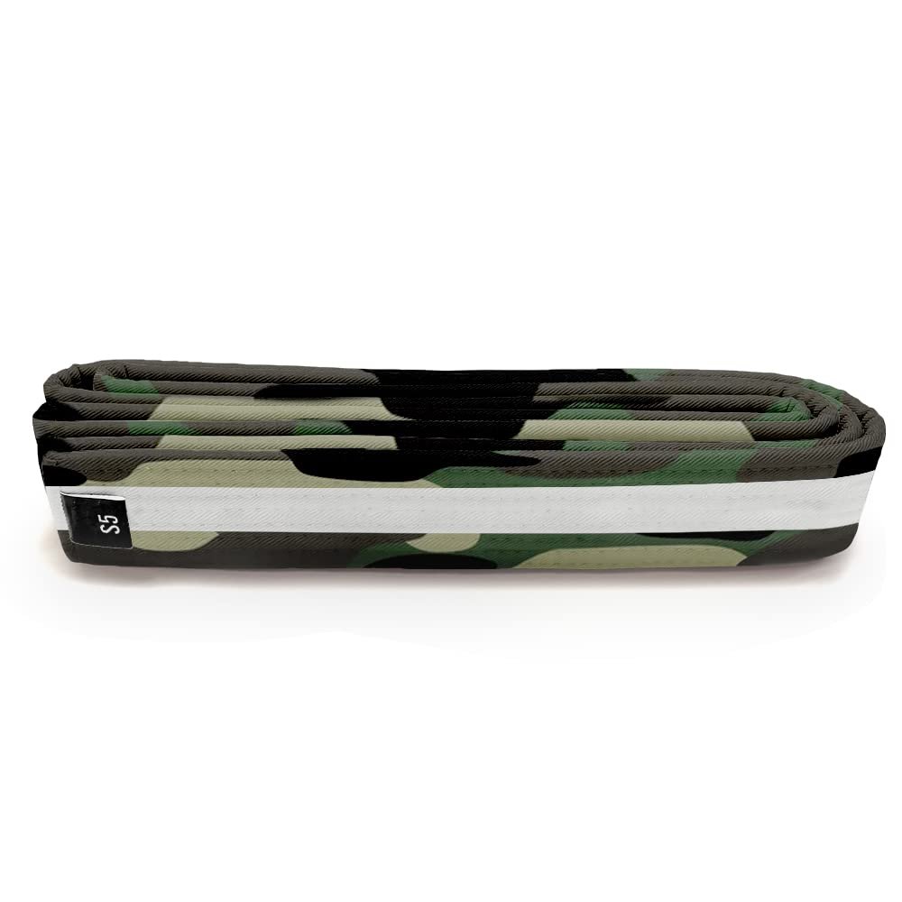 Martial Arts Polyester Belt; Choose Color with White Stripe, 1.5" Width, 8 Rows of Stitching for Karate, Taekwondo, Judo, MMA (Camo, Single Wrap 1 - 52")