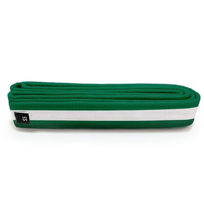 Martial Arts Polyester Belt; Choose Color with White Stripe, 1.5" Width, 8 Rows of Stitching for Karate, Taekwondo, Judo, MMA (Green, Single Wrap 6/Double Wrap 0 - 82")
