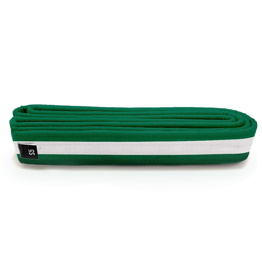 Martial Arts Polyester Belt; Choose Color with White Stripe, 1.5" Width, 8 Rows of Stitching for Karate, Taekwondo, Judo, MMA (Green, Single Wrap 6/Double Wrap 0 - 82")