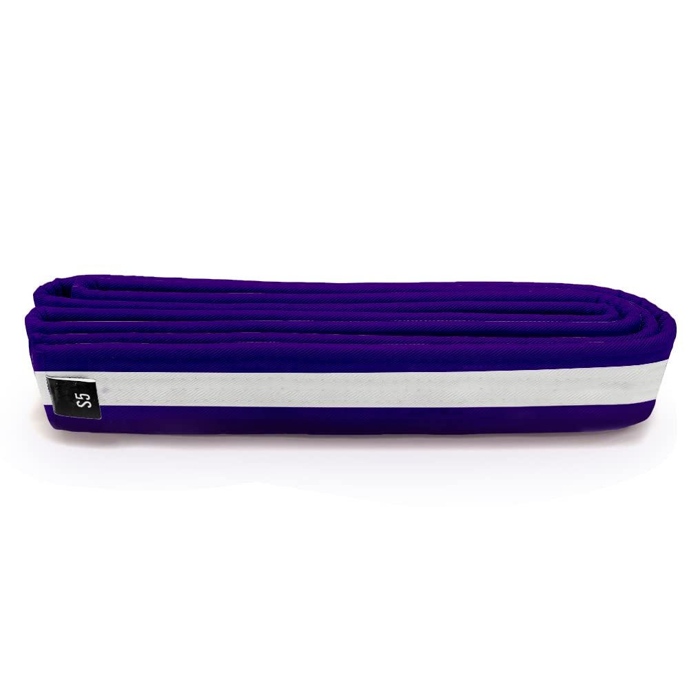 Martial Arts Polyester Belt; Choose Color with White Stripe, 1.5" Width, 8 Rows of Stitching for Karate, Taekwondo, Judo, MMA (Purple, Single Wrap 4 - 70")