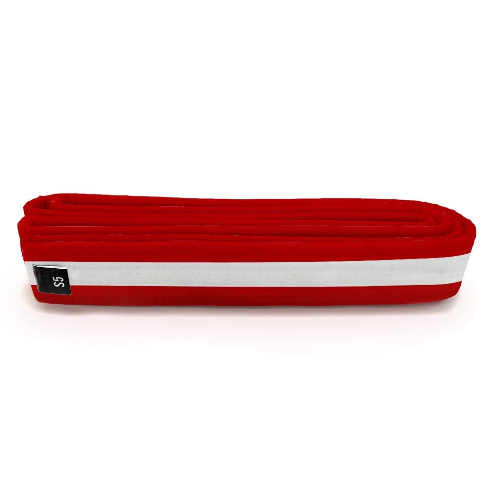 Martial Arts Polyester Belt; Choose Color with White Stripe, 1.5" Width, 8 Rows of Stitching for Karate, Taekwondo, Judo, MMA (Red, Single Wrap 7/Double Wrap 1 - 88")