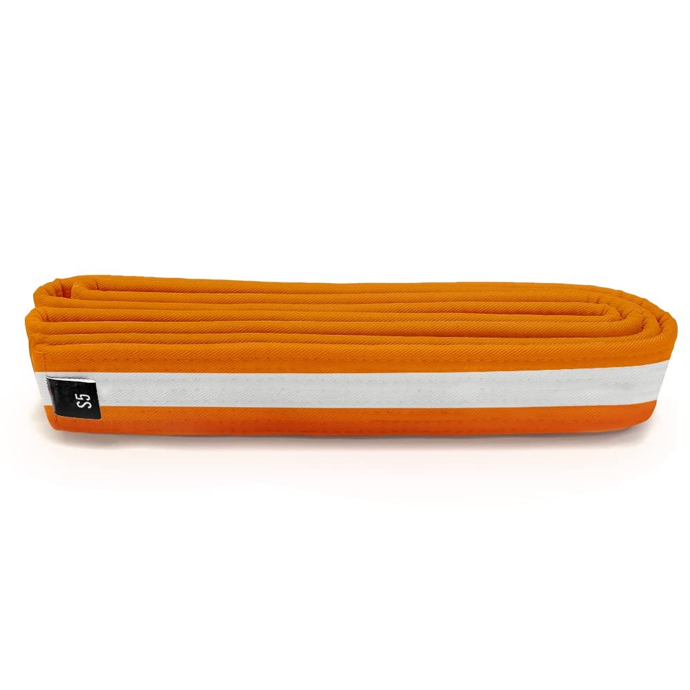 Martial Arts Polyester Belt; Choose Color with White Stripe, 1.5" Width, 8 Rows of Stitching for Karate, Taekwondo, Judo, MMA (Orange, Single Wrap 2 - 58")