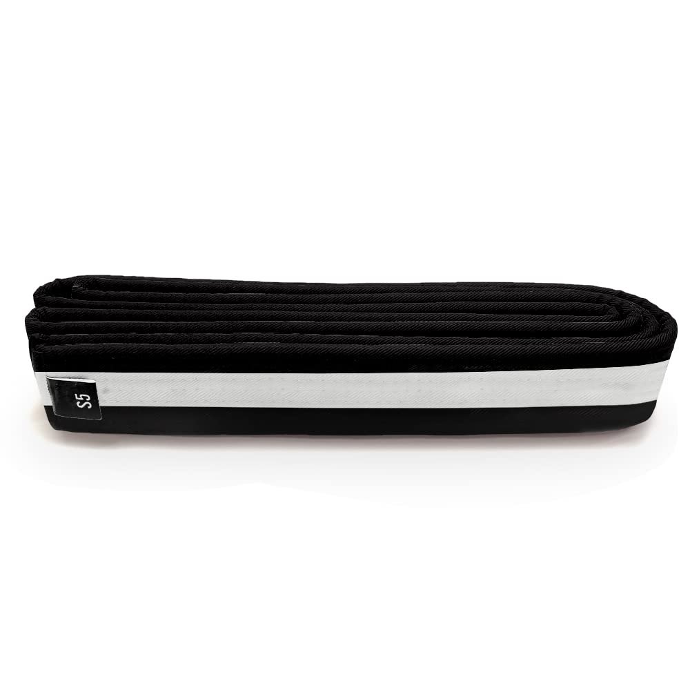 Martial Arts Polyester Belt; Choose Color with White Stripe, 1.5" Width, 8 Rows of Stitching for Karate, Taekwondo, Judo, MMA (Black, Double Wrap 5 - 112")