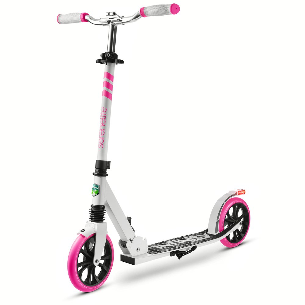 SereneLife Lightweight and Foldable Kick Scooter Comfortable T-Bar Handlebar, Adjustable Scooter for Teens and Adult, Alloy Deck with High Impact Wheels, Durable ABEC-7 Bearings, White & Pink SLTS35
