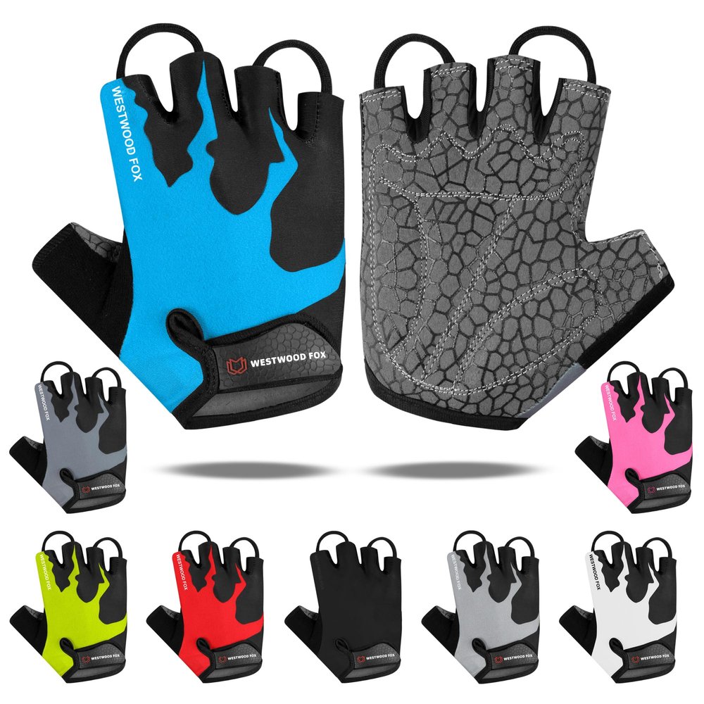 WESTWOOD FOX Cycling Gloves Half Finger Unisex Padded Grips Palm Bicycle Summer MTB Bike Gloves for Men Women Non-Slip Fingerless Short Mountain Bike Sports Hiking Climbing Gym (Blue, XL)