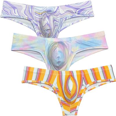Botmois Men's Breathable Brazilian Bikini Sioft Boxer Briefs Underwear Comfy Enhance Bulge Pouch Cheeky Boxers Hipster 3-Pack(Purple Wave,Dream Color,Oragne Stripe) L