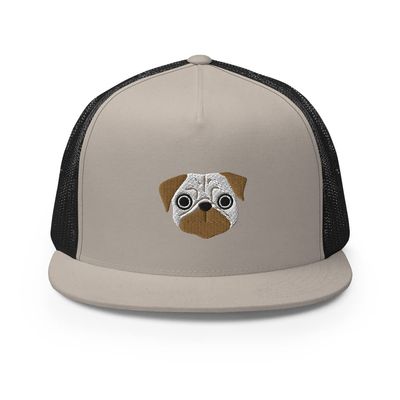 Pug Trucker Cap, Pug Dog Trucker hat mesh Cap, Embroidered Unisex Trucker hat, Pug mom hat, Pug dad hat. Silver/Black