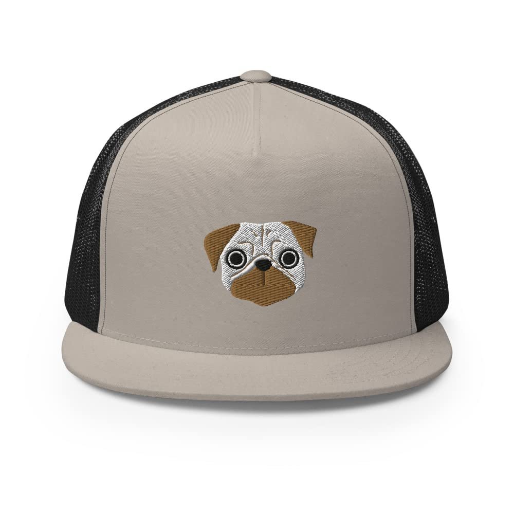 Pug Trucker Cap, Pug Dog Trucker hat mesh Cap, Embroidered Unisex Trucker hat, Pug mom hat, Pug dad hat. Silver/Black