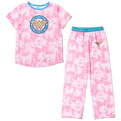 DC Comics Justice League Wonder Woman Big Girls Pajama Shirt and Pants Sleep Set Tie Dye Pink 10-12