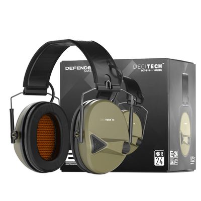Defender Safety Decitech E1 Electronic Active Hearing Protection, Shooting, Range, Hunting, Tactical Earmuffs, 24 NNR Rated. (Olive Green)